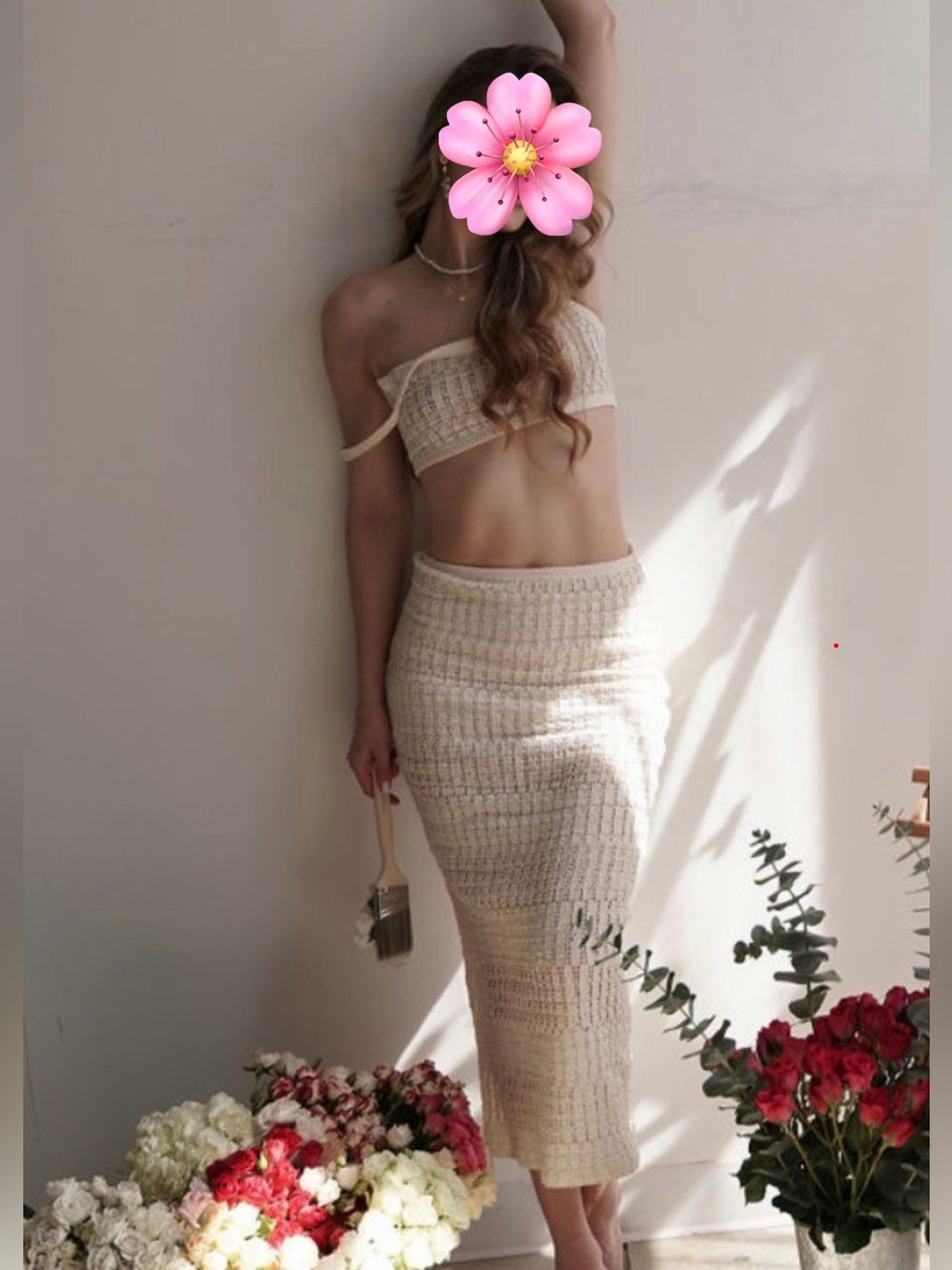 ZARA Ivory Pointelle Knit Two Piece Set Crop Top Midi Skirt 4886/153 4886/154 S